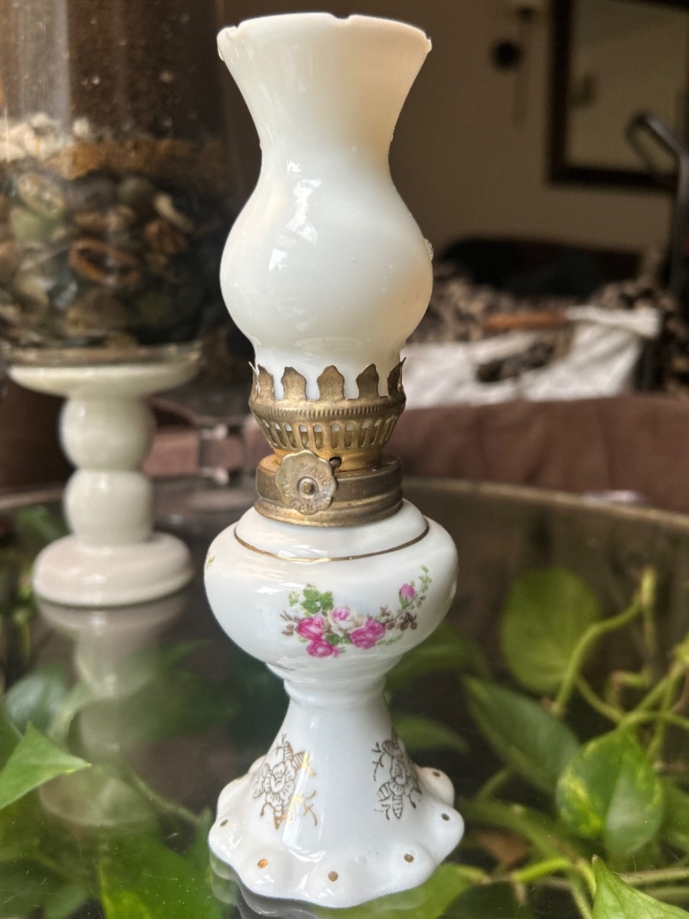 Vintage Floral Porcelain Mini Oil Lamp w/ Milk Glass Chimney